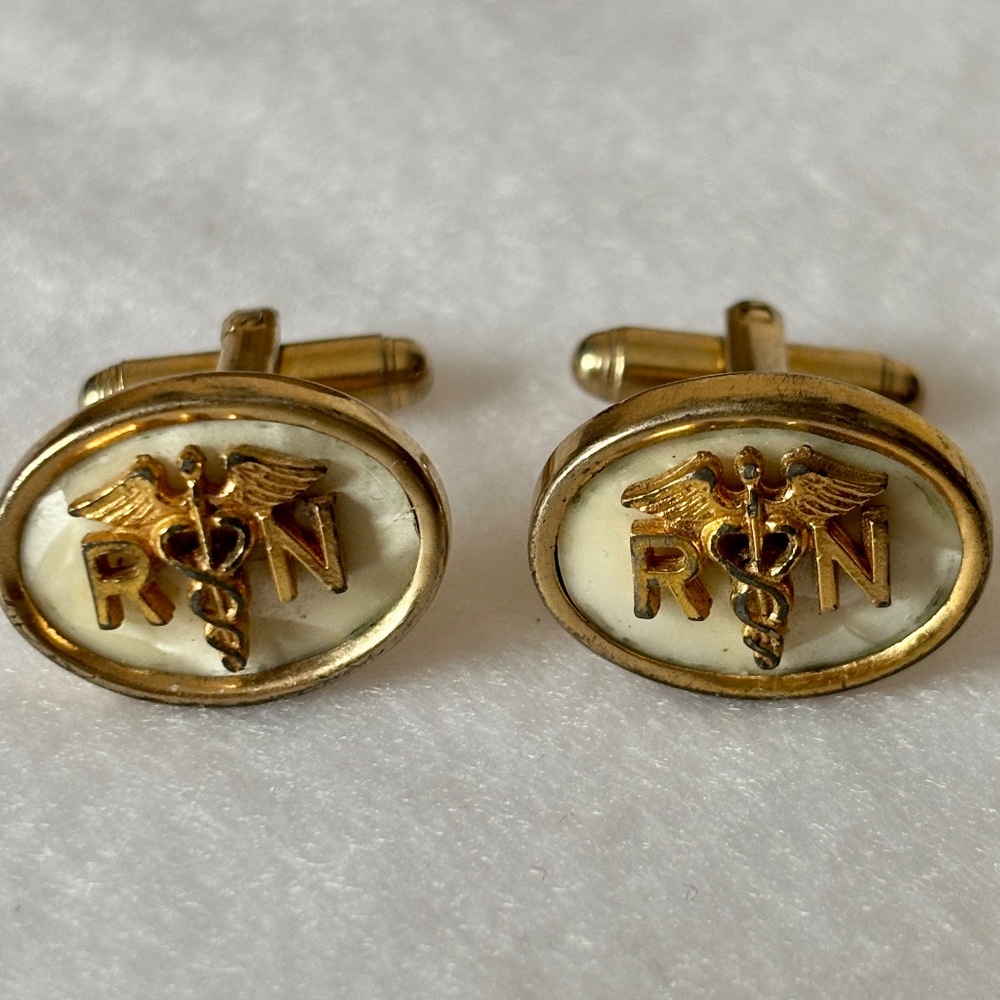 Anson Vintage RN Cufflinks – 1960s Gold Tone Lucite, Mid-Century Medical Caduceu